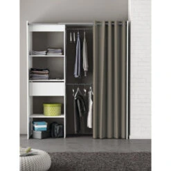 Demeyere Dressing Extensible Blanc Perle Avec Rideau Taupe -ATMOSPHERA || Intex || Demeyere Soldes armoire placard extensible avec rideau blanc perle 1