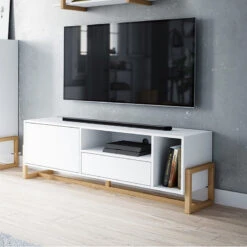 Meuble TV 2 Portes 2 Niches Oslo Blanc -ATMOSPHERA || Intex || Demeyere Soldes meuble tv 2 portes 2 niches oslo blanc 1